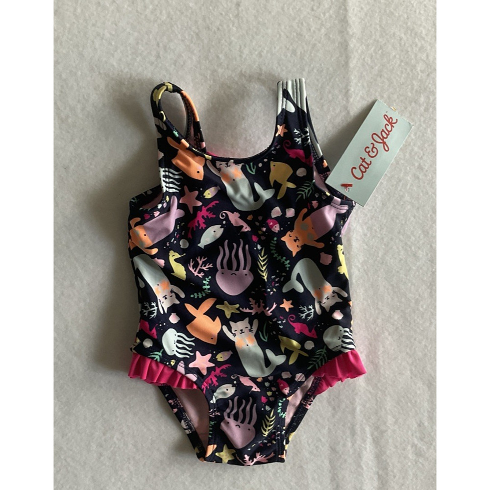 Cat & Jack Baby Girls Swimsuit 9M Sea Animals Navy One-Piece NWT